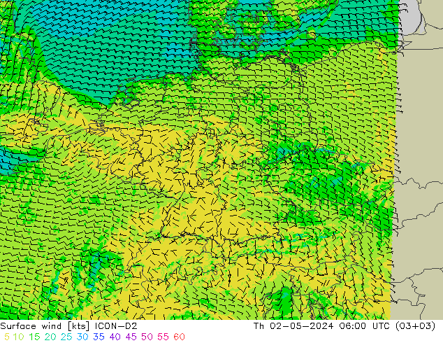 风 10 米 ICON-D2 星期四 02.05.2024 06 UTC