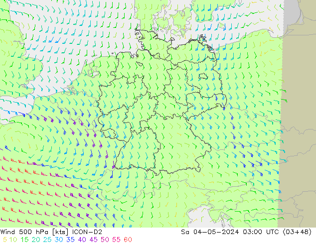 wiatr 500 hPa ICON-D2 so. 04.05.2024 03 UTC