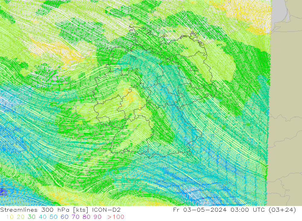 Rüzgar 300 hPa ICON-D2 Cu 03.05.2024 03 UTC
