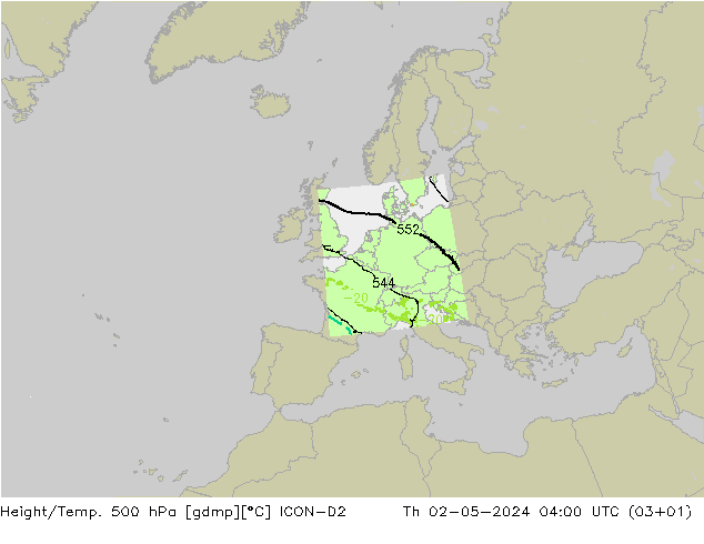 Height/Temp. 500 hPa ICON-D2 Th 02.05.2024 04 UTC