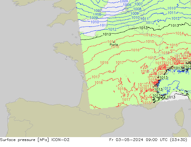 Presión superficial ICON-D2 vie 03.05.2024 09 UTC