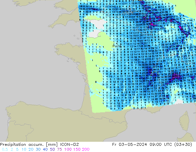 Precipitation accum. ICON-D2 ven 03.05.2024 09 UTC