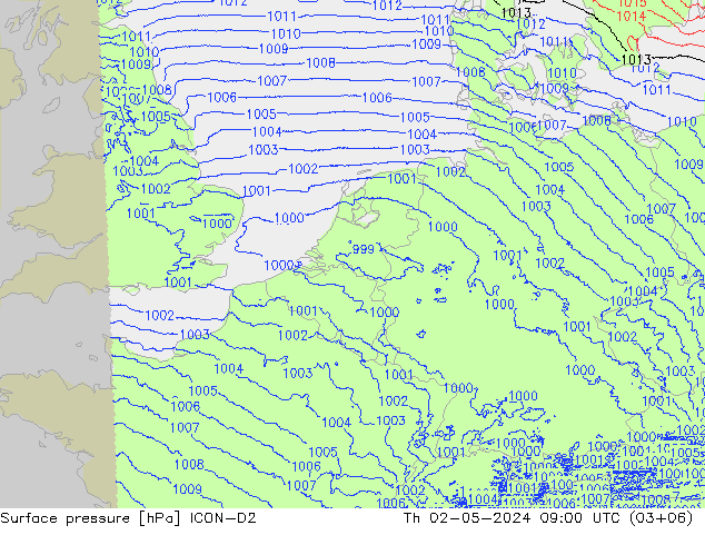 Presión superficial ICON-D2 jue 02.05.2024 09 UTC