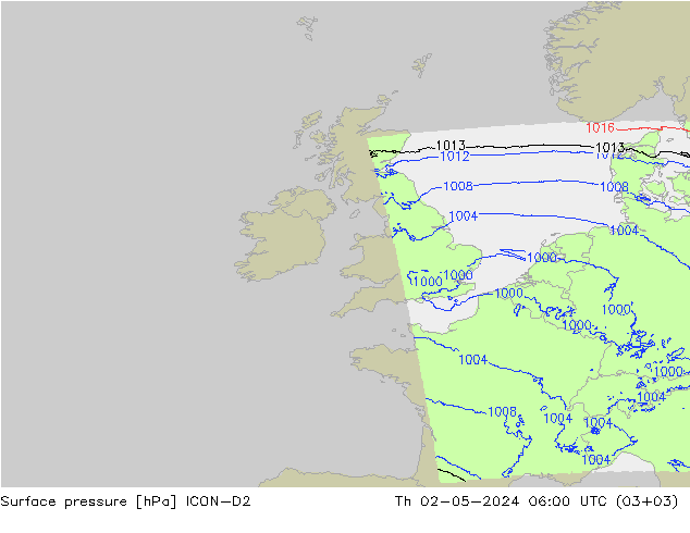Presión superficial ICON-D2 jue 02.05.2024 06 UTC