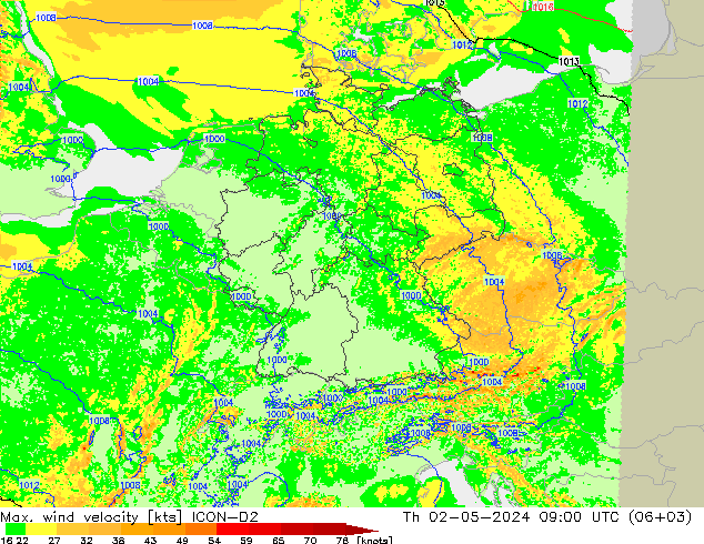 Max. wind velocity ICON-D2 Th 02.05.2024 09 UTC