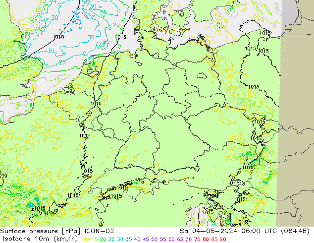 Isotachs (kph) ICON-D2 Sa 04.05.2024 06 UTC