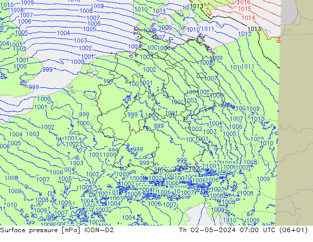 地面气压 ICON-D2 星期四 02.05.2024 07 UTC