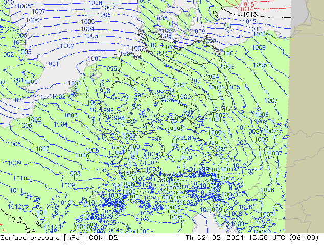 Pressione al suolo ICON-D2 gio 02.05.2024 15 UTC