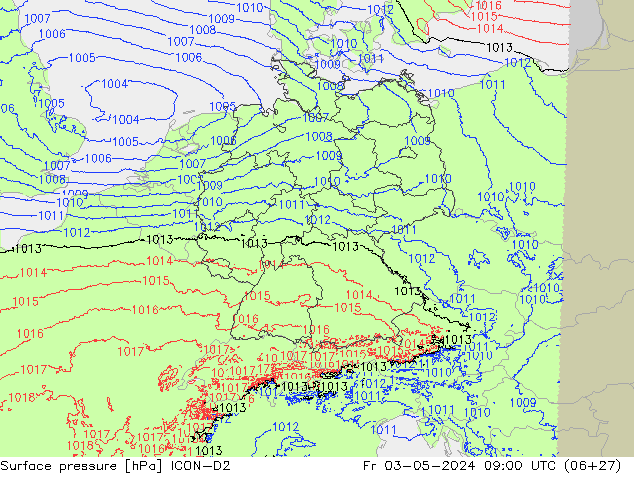 Atmosférický tlak ICON-D2 Pá 03.05.2024 09 UTC