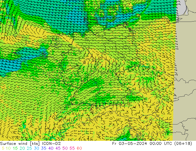 Surface wind ICON-D2 Fr 03.05.2024 00 UTC
