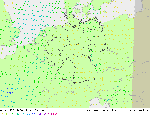 Vento 850 hPa ICON-D2 sab 04.05.2024 06 UTC