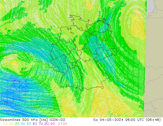 Streamlines 500 hPa ICON-D2 Sa 04.05.2024 06 UTC