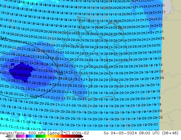 Height/Temp. 500 hPa ICON-D2 Sa 04.05.2024 06 UTC