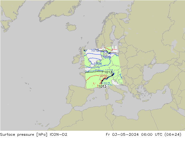 Presión superficial ICON-D2 vie 03.05.2024 06 UTC