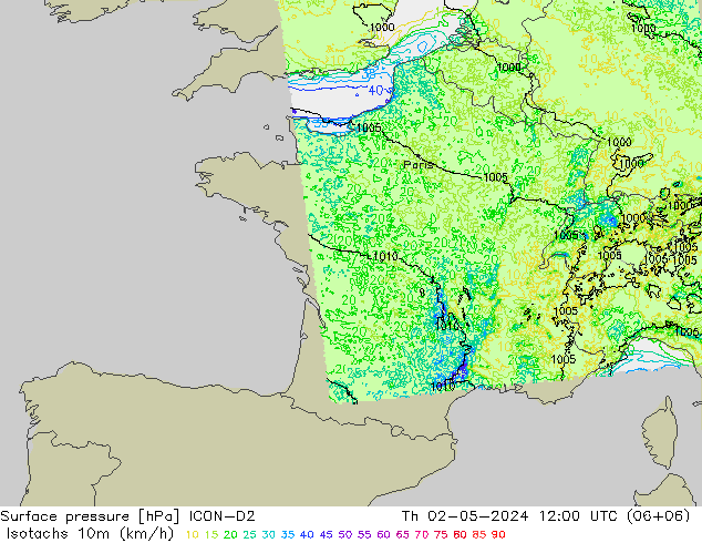 Isotachs (kph) ICON-D2 Th 02.05.2024 12 UTC