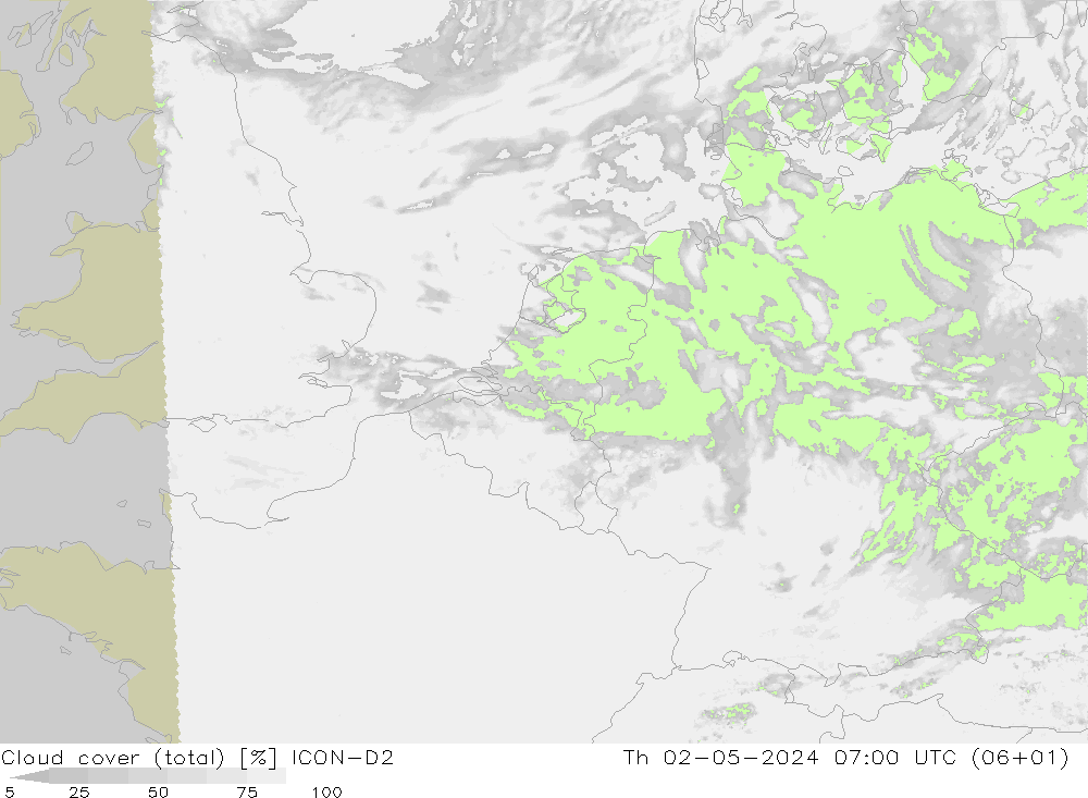 Nuages (total) ICON-D2 jeu 02.05.2024 07 UTC