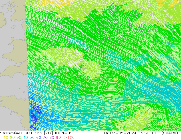 Linha de corrente 300 hPa ICON-D2 Qui 02.05.2024 12 UTC