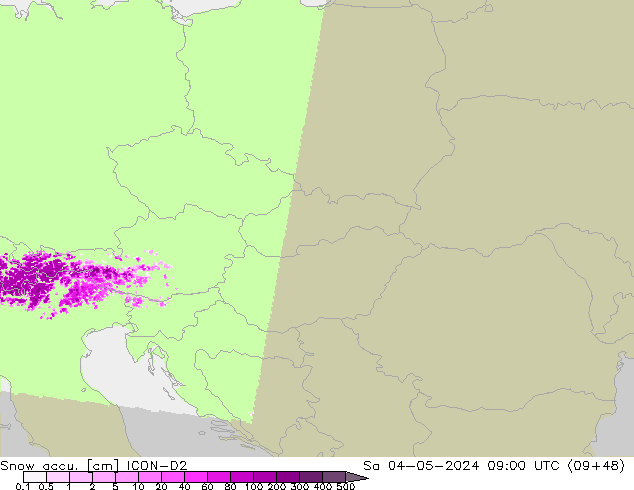 Snow accu. ICON-D2 sáb 04.05.2024 09 UTC