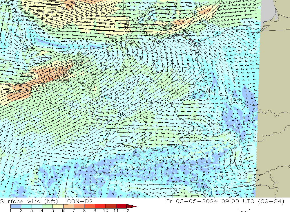 Wind 10 m (bft) ICON-D2 vr 03.05.2024 09 UTC