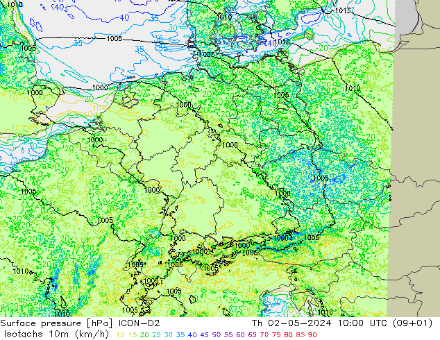 Isotaca (kph) ICON-D2 jue 02.05.2024 10 UTC