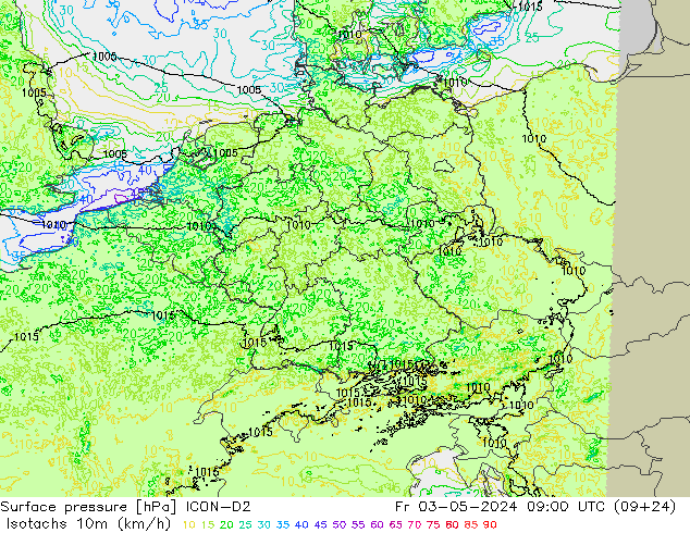 Eşrüzgar Hızları (km/sa) ICON-D2 Cu 03.05.2024 09 UTC