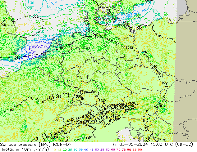 Isotachs (kph) ICON-D2 Fr 03.05.2024 15 UTC