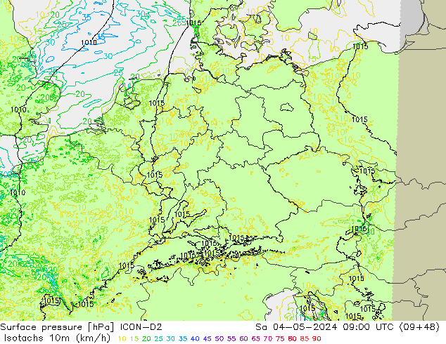 Isotachen (km/h) ICON-D2 za 04.05.2024 09 UTC