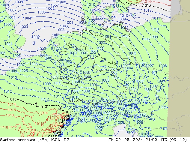 pressão do solo ICON-D2 Qui 02.05.2024 21 UTC