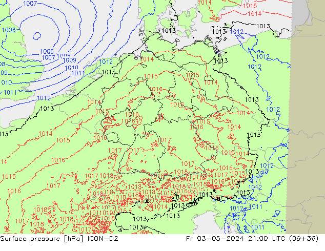 Presión superficial ICON-D2 vie 03.05.2024 21 UTC