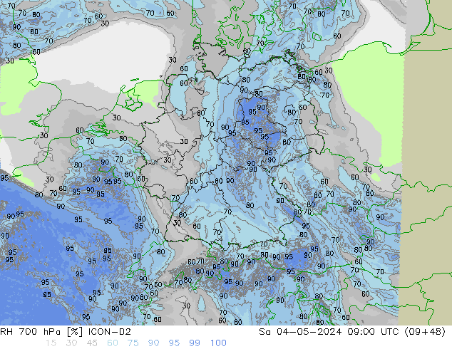 Humidité rel. 700 hPa ICON-D2 sam 04.05.2024 09 UTC