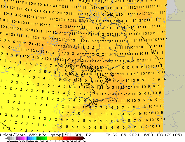 Height/Temp. 850 hPa ICON-D2  02.05.2024 15 UTC