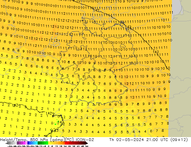 Géop./Temp. 850 hPa ICON-D2 jeu 02.05.2024 21 UTC