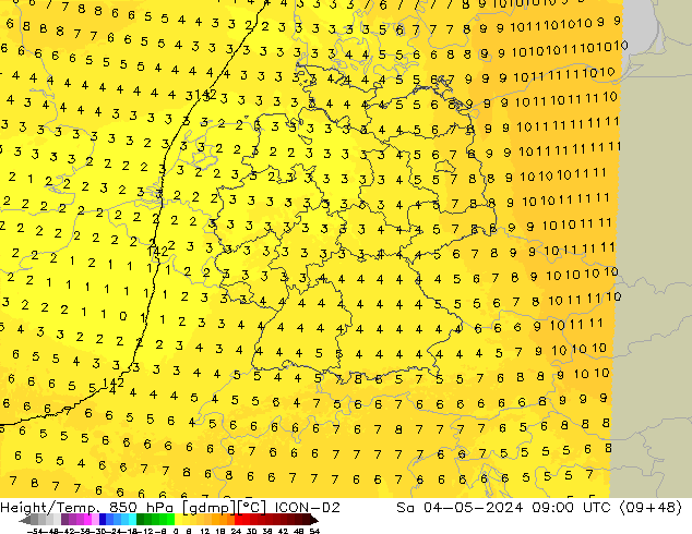 Height/Temp. 850 hPa ICON-D2 Sa 04.05.2024 09 UTC