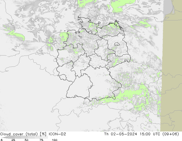 Cloud cover (total) ICON-D2 Th 02.05.2024 15 UTC