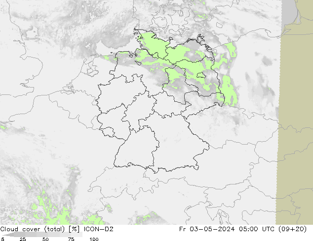 Cloud cover (total) ICON-D2 Fr 03.05.2024 05 UTC