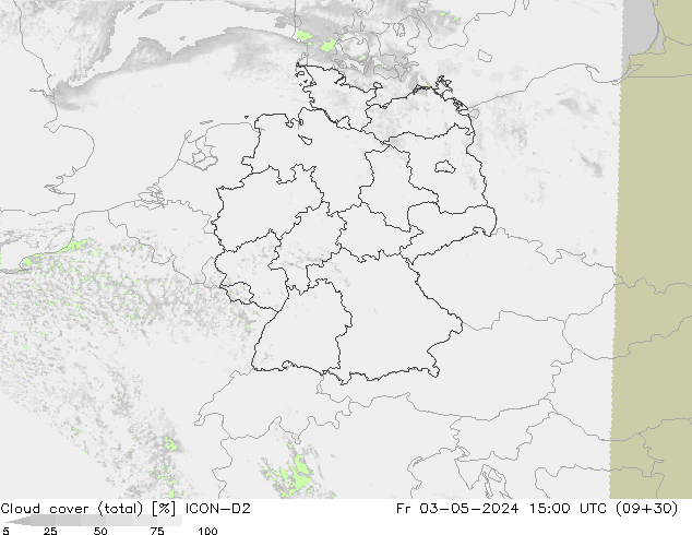 Cloud cover (total) ICON-D2 Fr 03.05.2024 15 UTC