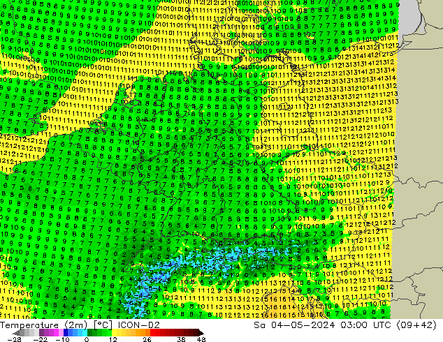 Temperatura (2m) ICON-D2 sáb 04.05.2024 03 UTC