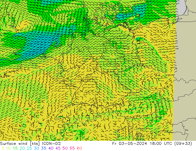 Vento 10 m ICON-D2 ven 03.05.2024 18 UTC