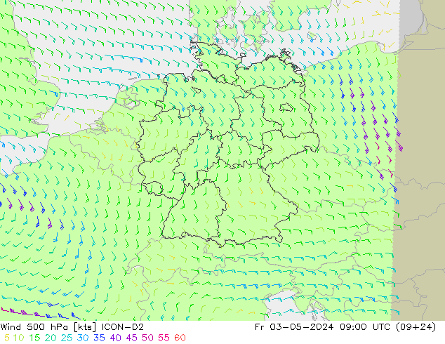 Vento 500 hPa ICON-D2 ven 03.05.2024 09 UTC