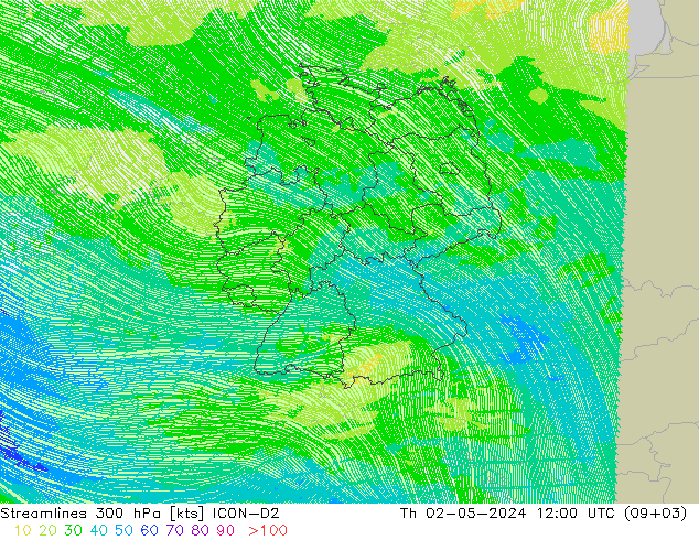 Linea di flusso 300 hPa ICON-D2 gio 02.05.2024 12 UTC