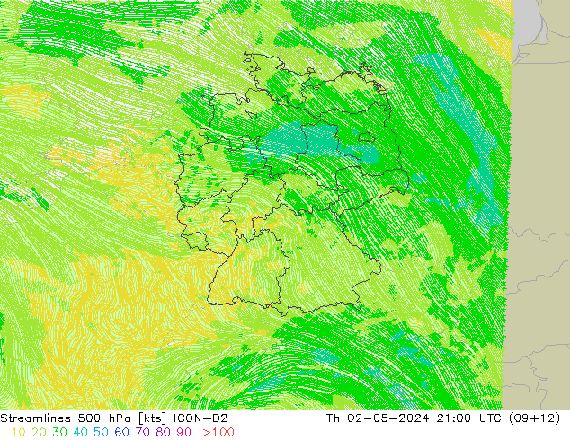 Streamlines 500 hPa ICON-D2 Th 02.05.2024 21 UTC