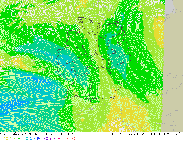 Streamlines 500 hPa ICON-D2 Sa 04.05.2024 09 UTC