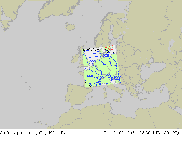 Presión superficial ICON-D2 jue 02.05.2024 12 UTC