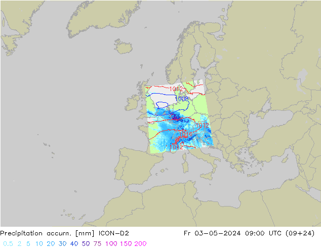 Precipitation accum. ICON-D2 Fr 03.05.2024 09 UTC