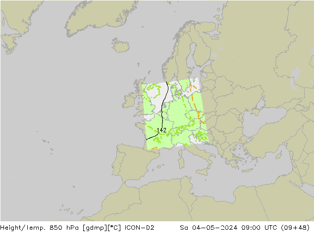 Height/Temp. 850 hPa ICON-D2 Sa 04.05.2024 09 UTC