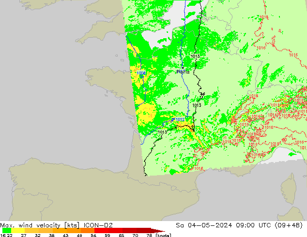 Max. wind velocity ICON-D2 Sa 04.05.2024 09 UTC