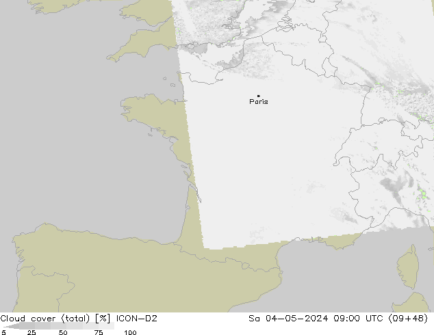 Nuages (total) ICON-D2 sam 04.05.2024 09 UTC