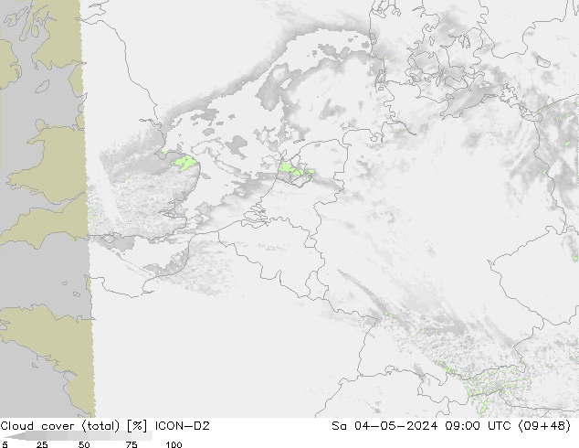 Bewolking (Totaal) ICON-D2 za 04.05.2024 09 UTC