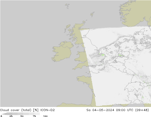 Cloud cover (total) ICON-D2 Sa 04.05.2024 09 UTC