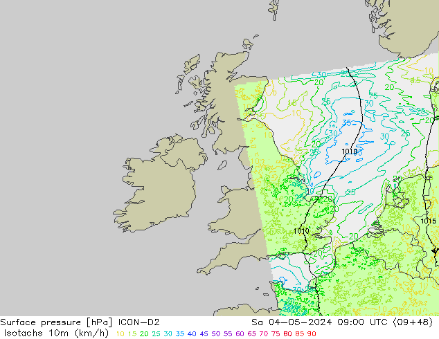 Isotachen (km/h) ICON-D2 Sa 04.05.2024 09 UTC